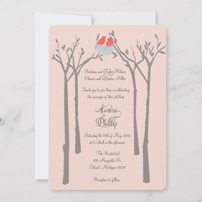 Invitación a la boda de aves y árboles modernos (Anverso)
