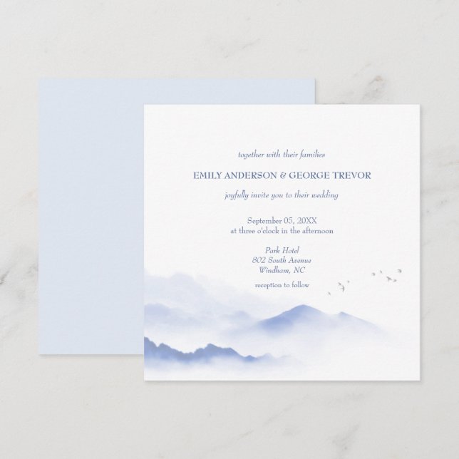 Invitación a la boda de aves y montañas azules (Anverso / Reverso)
