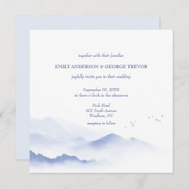 Invitación a la boda de aves y montañas azules