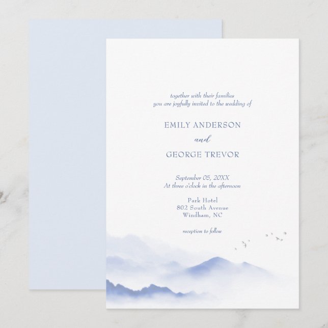 Invitación a la boda de aves y montañas azules (Anverso / Reverso)