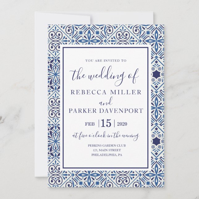 Invitación a la boda de azulejos azules españoles (Anverso)