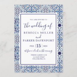 Invitación a la boda de azulejos azules españoles