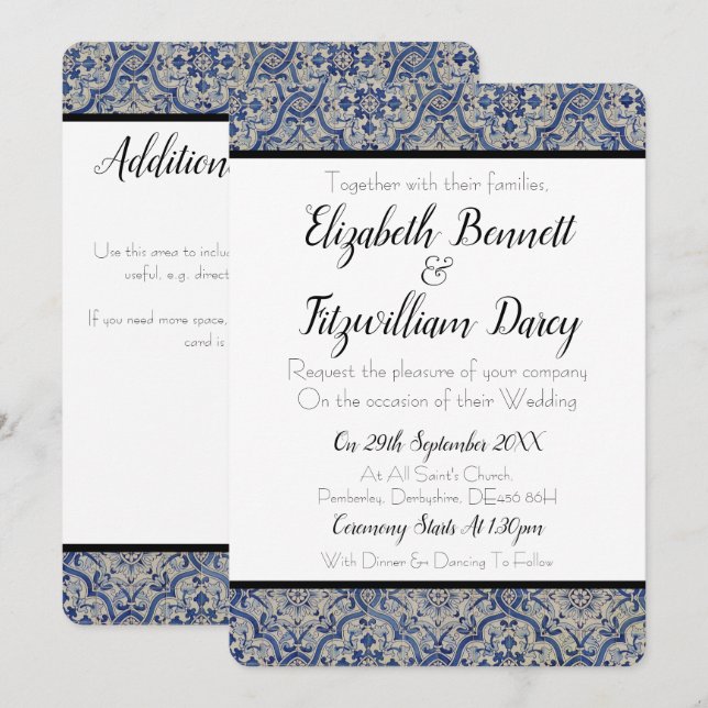 Invitación a la boda de azulejos azules y blancos (Anverso / Reverso)