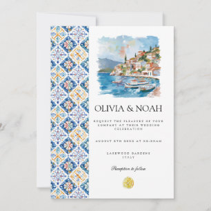 Invitación a la boda de azulejos de limón mediterr