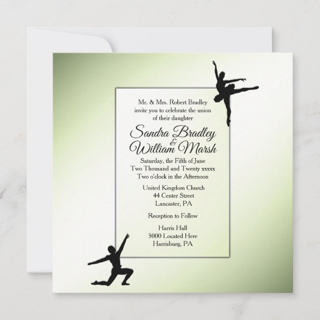 Invitación a la boda de bailarines de ballet verde (Anverso)