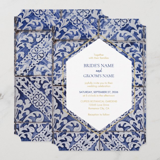 Invitación a la boda de baldosas rusticas portugue (Anverso / Reverso)