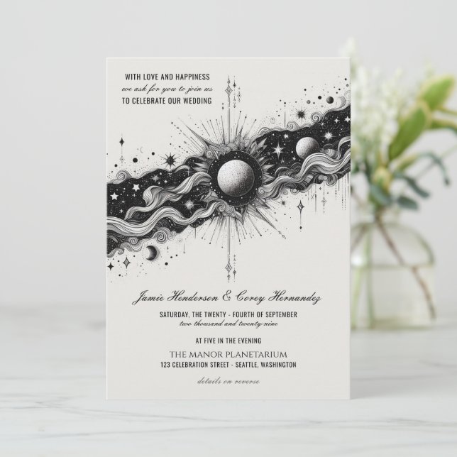 Invitación a la boda de banda celestial con detall (Anverso de pie)