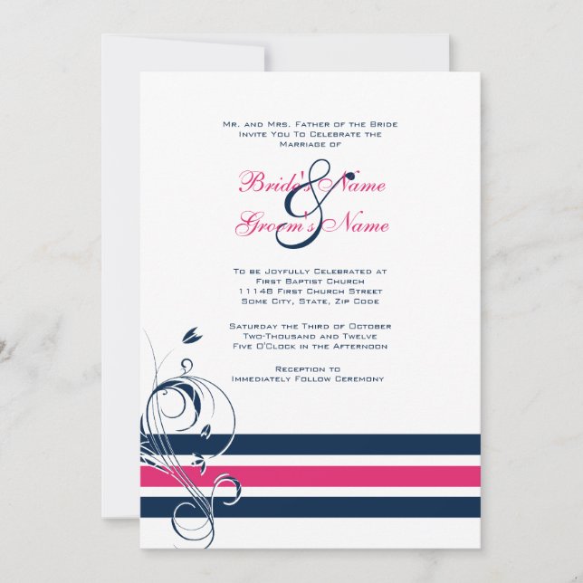 Invitación a la boda de bares florales rosas y azu (Anverso)