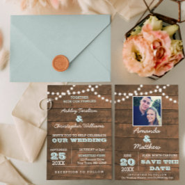 Invitación a la boda de Barnwood Lights Aqua