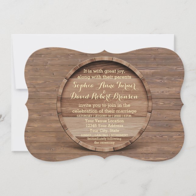 Invitación a la boda de barril de madera de campo  (Anverso)