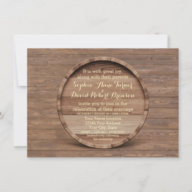 Invitación a la boda de barril de madera rústica (Anverso)