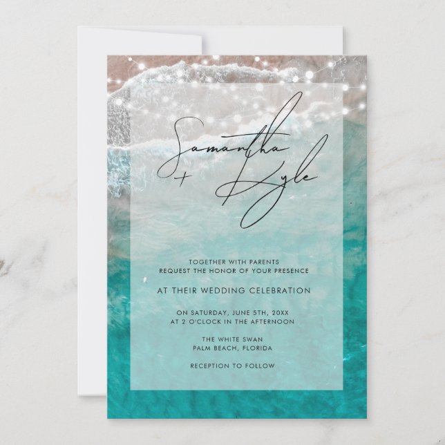 Invitación a la boda de Beach Ocean String Lights (Anverso)