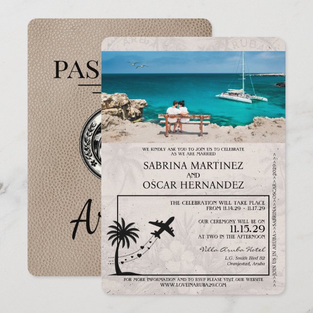 Invitación a la boda de Beige Aruba Passport (Anverso / Reverso)