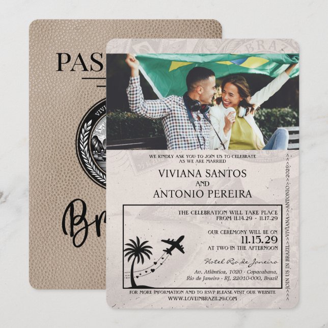 Invitación a la boda de Beige Brasil Passport (Anverso / Reverso)
