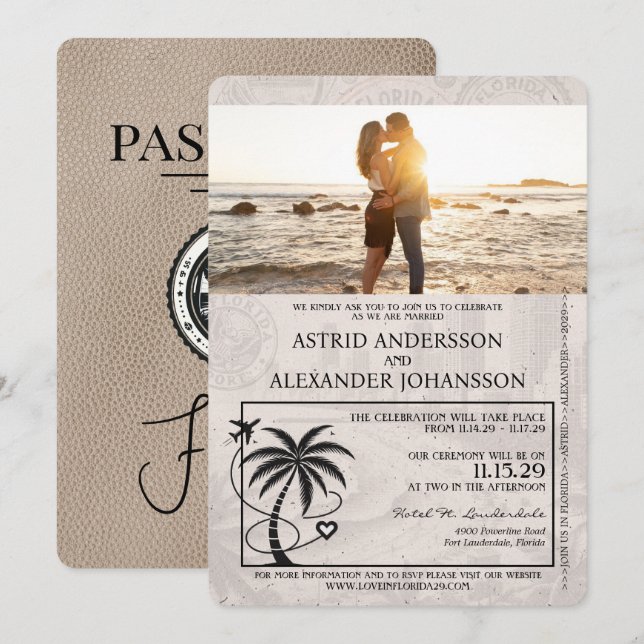Invitación a la boda de Beige Florida Passport (Anverso / Reverso)