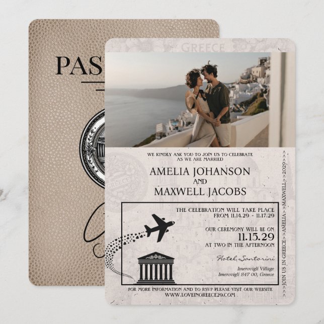 Invitación a la boda de Beige-Grecia Passport (Anverso / Reverso)