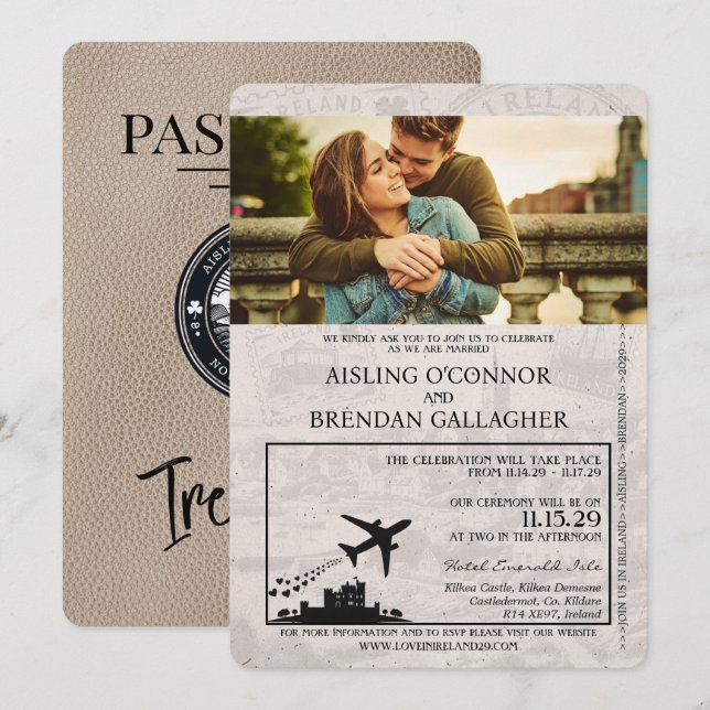 Invitación a la boda de Beige Ireland Passport (Anverso / Reverso)