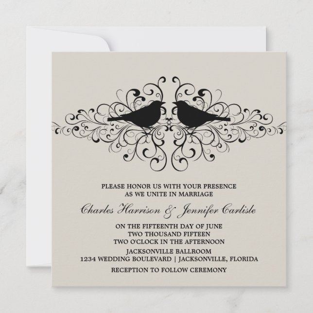 Invitación a la boda de beige Love Bird Swirls (Anverso)