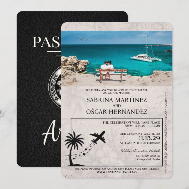 Invitación a la boda de Black Aruba Passport (Anverso / Reverso)