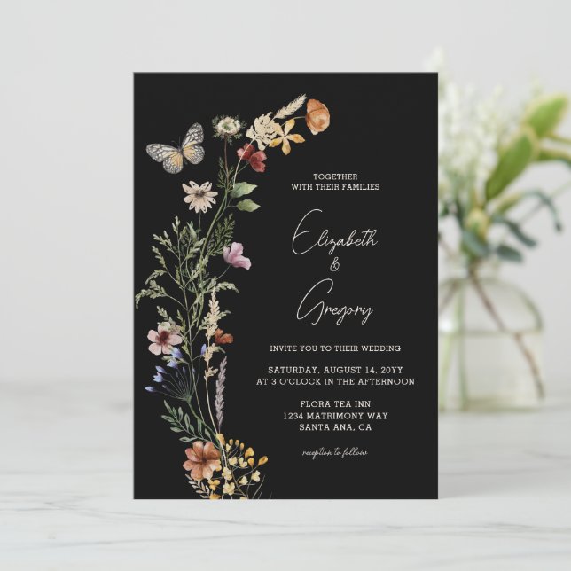 Invitación a la boda de Black Boho Wildflower (Anverso de pie)