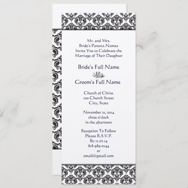 Invitación a la boda de Black Damask Swirls (Anverso / Reverso)