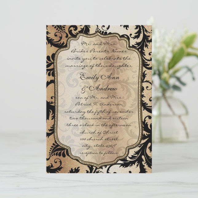 Invitación a la boda de Black Damask Swirls (Anverso de pie)