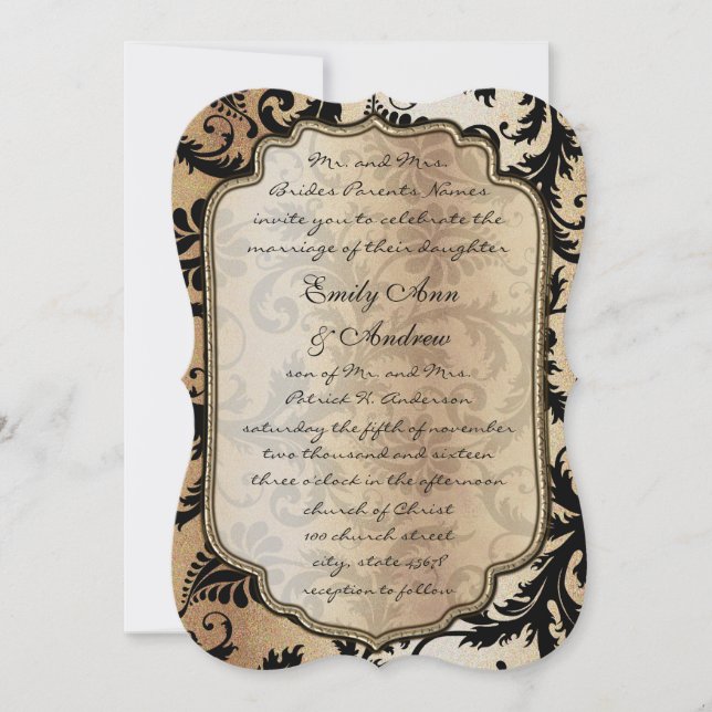 Invitación a la boda de Black Damask Swirls (Anverso)
