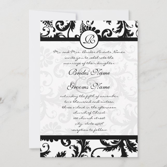 Invitación a la boda de Black Damask Swirls (Anverso)