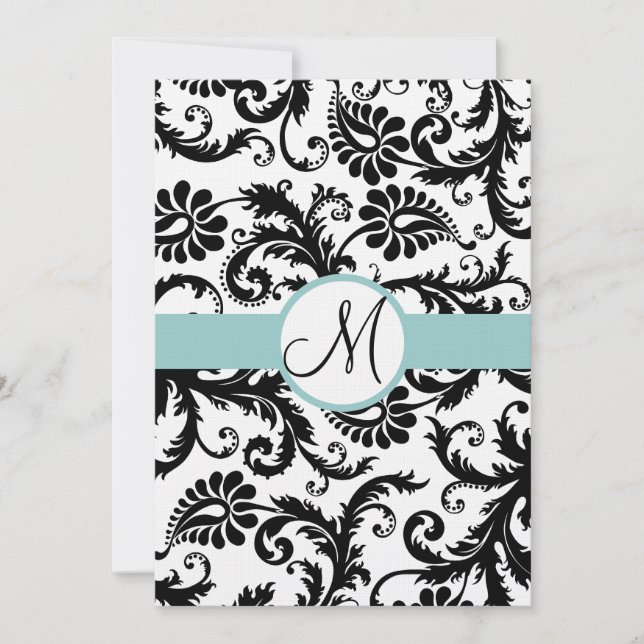 Invitación a la boda de Black Damask Swirls Aqua T (Anverso)