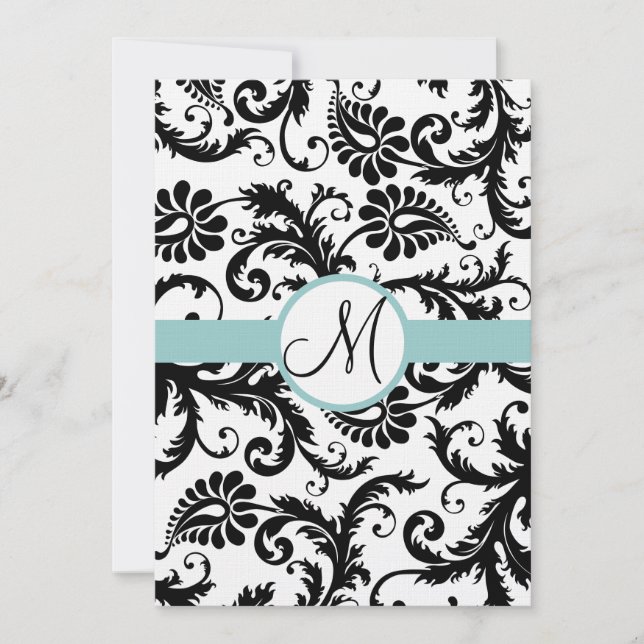 Invitación a la boda de Black Damask Swirls Aqua T (Anverso)