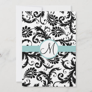 Invitación a la boda de Black Damask Swirls Aqua T