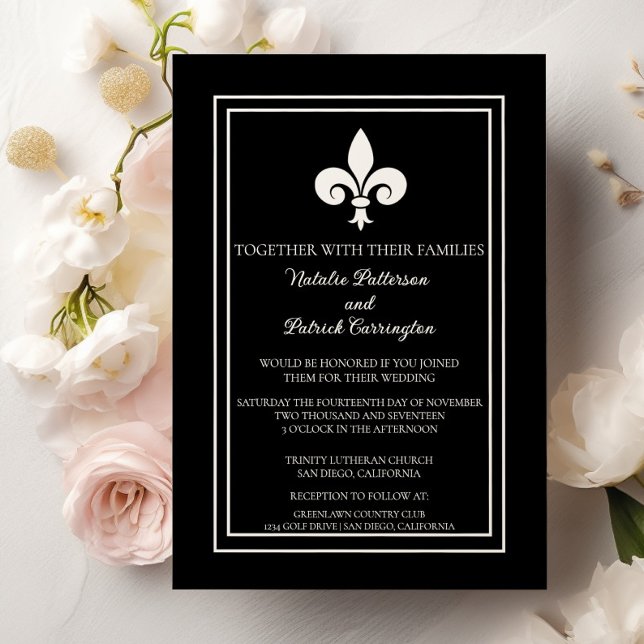Invitación a la boda de Black Fleur de Lis (Black Fleur de Lis Wedding Invitation)