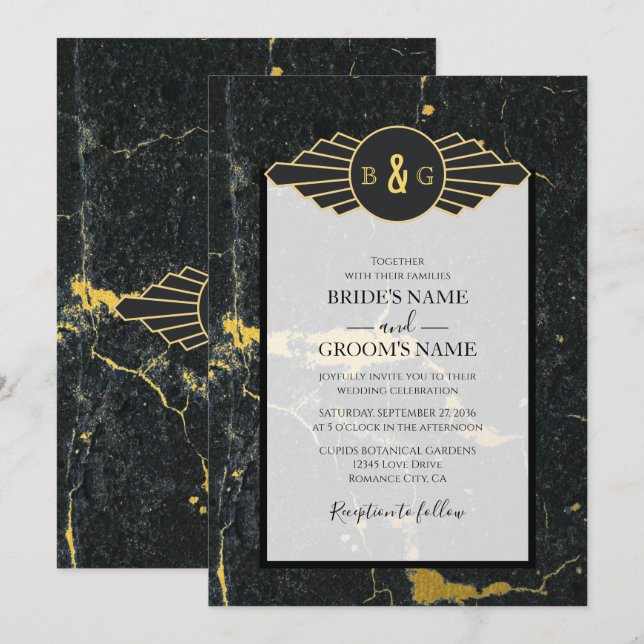 Invitación a la boda de Black Gold Marble Art Deco (Anverso / Reverso)
