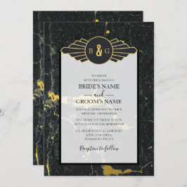 Invitación a la boda de Black Gold Marble Art Deco