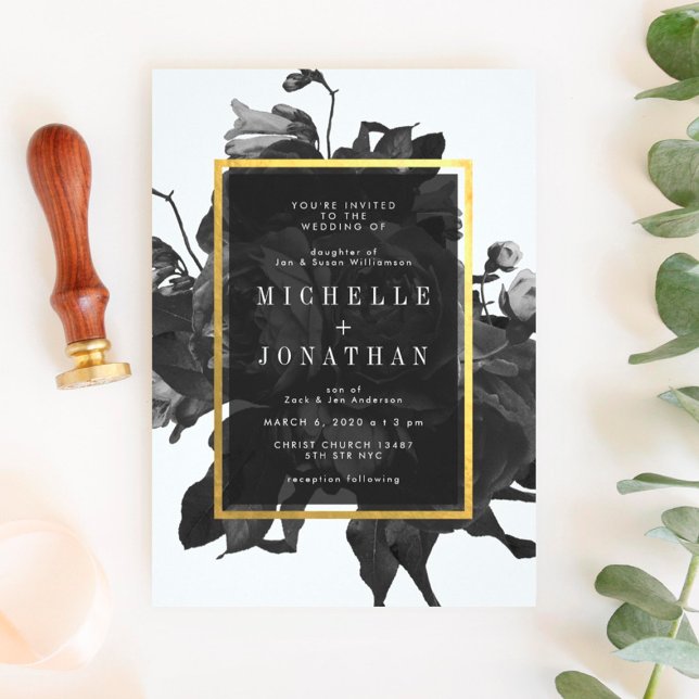 Invitación a la boda de Black Gold Rose Bouquet (Subido por el creador)