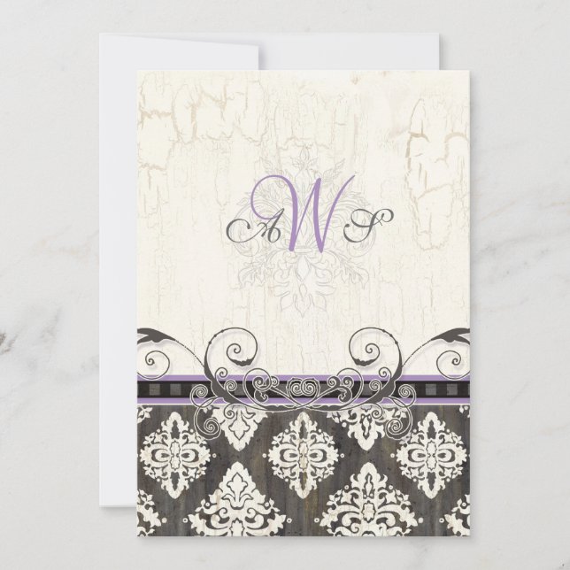 Invitación a la boda de Black 'n White Damask (lil (Anverso)