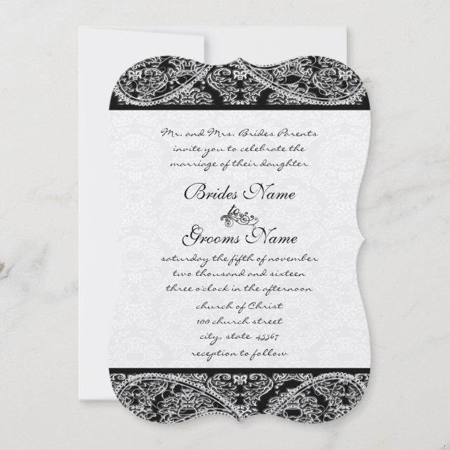 Invitación a la boda de Black Paisley Damask (Anverso)