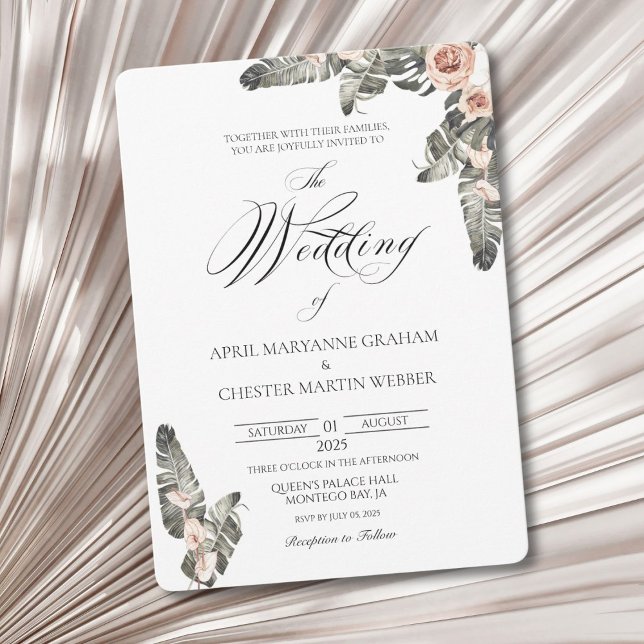 Invitación a la boda de Black Palm Romance (Elegant tropical theme invitation. Perfect for a destination wedding.)