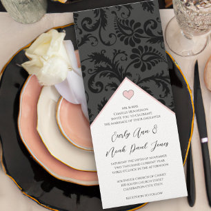 Invitación a la boda de Black Peachy Pink Damask S