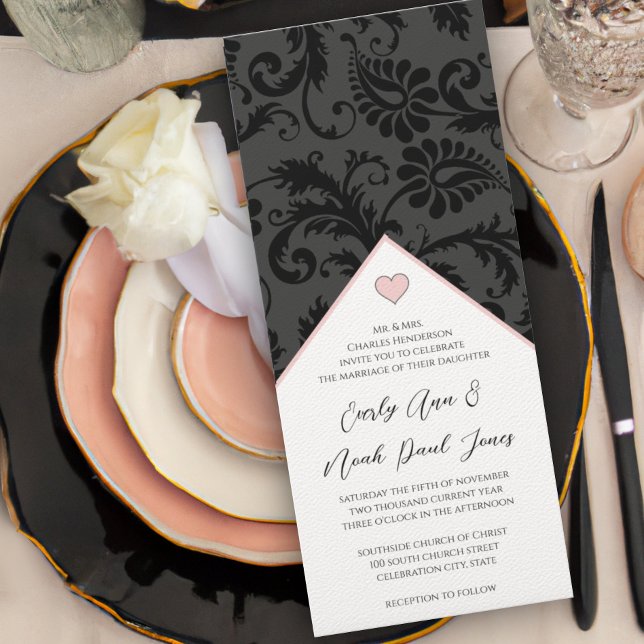 Invitación a la boda de Black Peachy Pink Damask S (Subido por el creador)