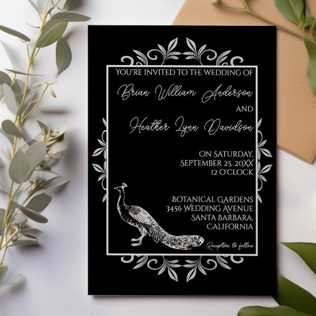 Invitación a la boda de Black Peacock Flourish (Black Peacock Flourish Wedding Invitation)