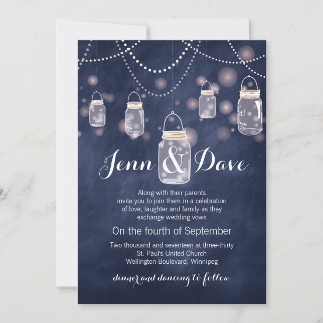 Invitación a la boda de Blue Chalkboard Mason Jar (Anverso)