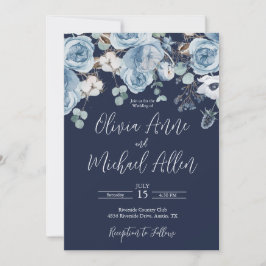 Invitación a la boda de Blue Elegant Floral Script