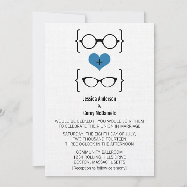 Invitación a la boda de Blue Geeky Glasses (Anverso)