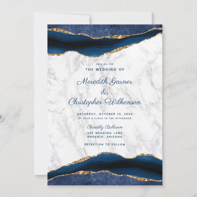 Invitación a la boda de Blue Gold Marble Agate (Anverso)