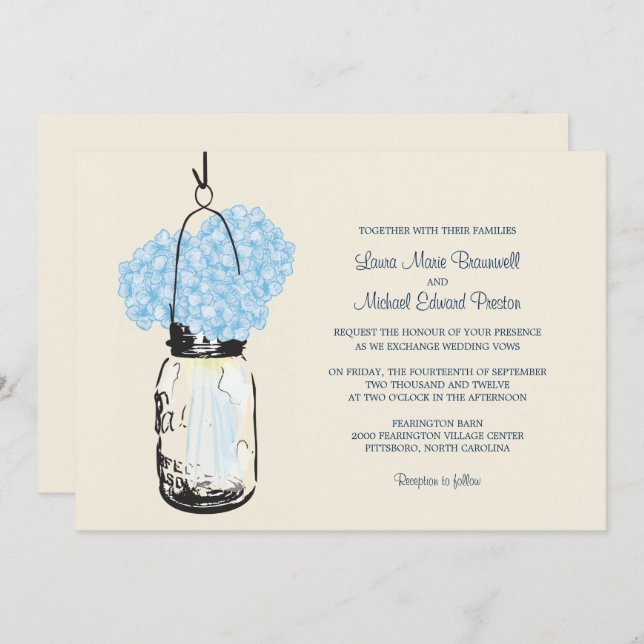 Invitación a la boda de Blue Hydrangea Mason Jar (Anverso / Reverso)