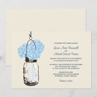 Invitación a la boda de Blue Hydrangea Mason Jar