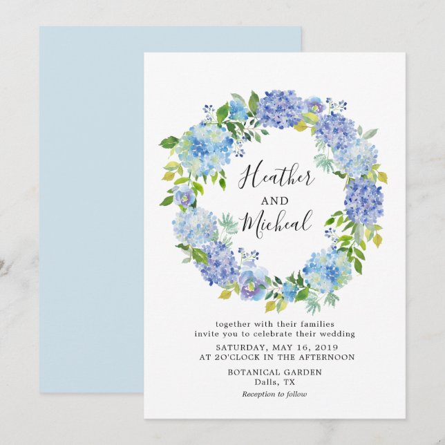 Invitación a la boda de Blue Hydrangeas Floral Wre (Anverso / Reverso)