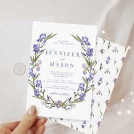 Invitación a la boda de Blue Irises floral wreath 