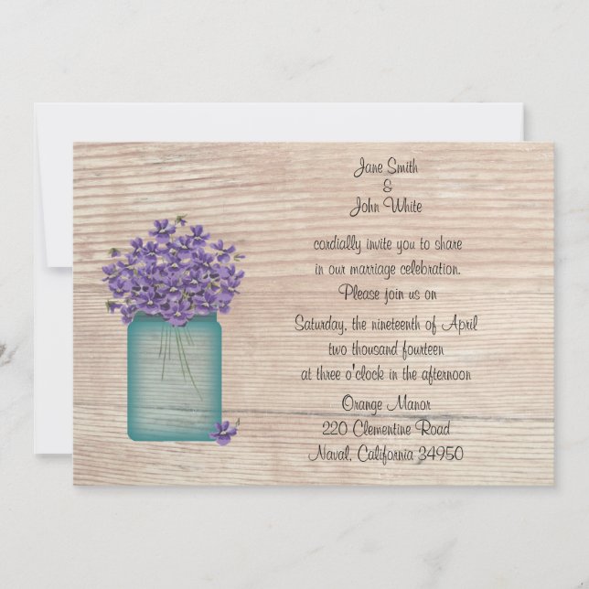 Invitación a la boda de Blue Mason Jar Violets (Anverso)